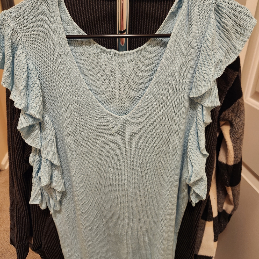 Light Blue Ruffle Sleeve Knit Top